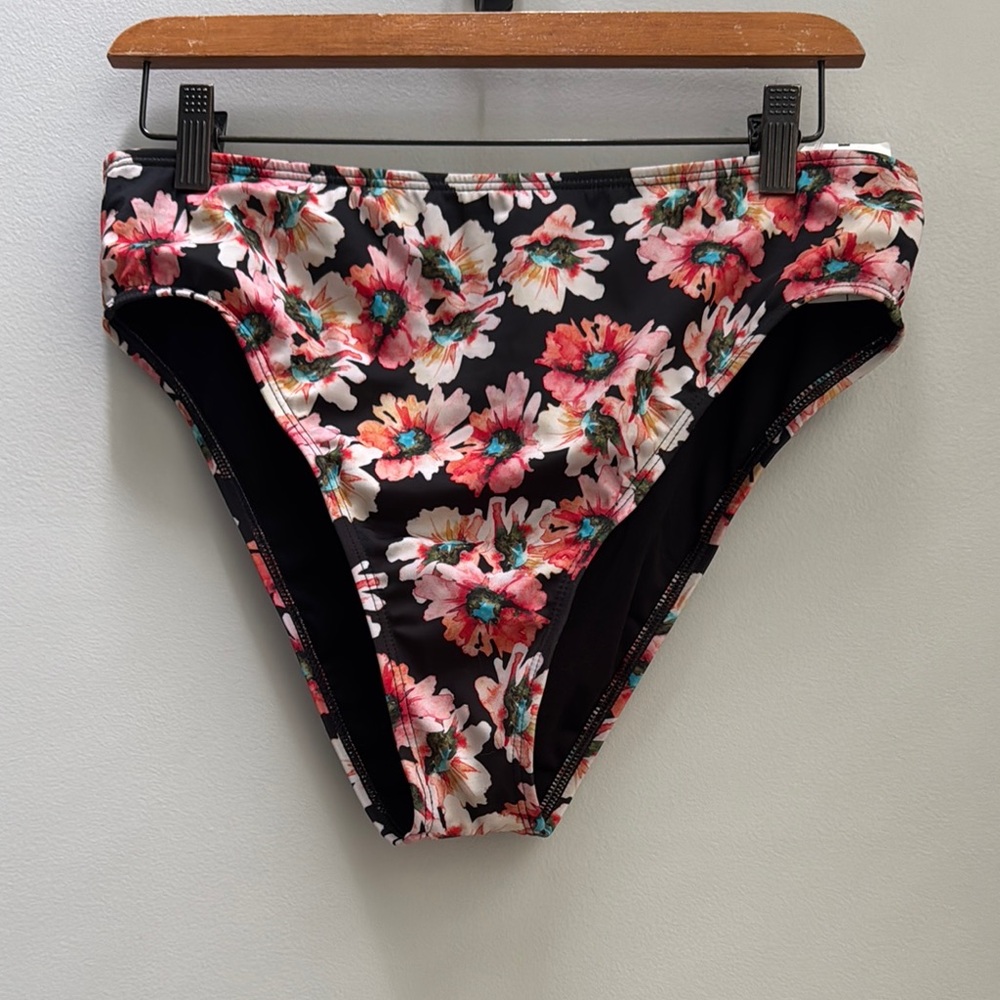 NWT Leith high leg bikini bottom black floral “coral glow sunflower” print sz L